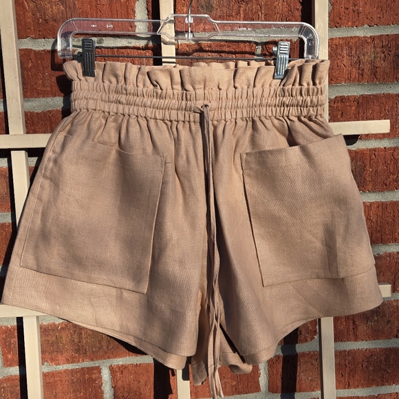 Shona Joy paper bag waist linen shorts 8 Tan - Picture 4 of 12